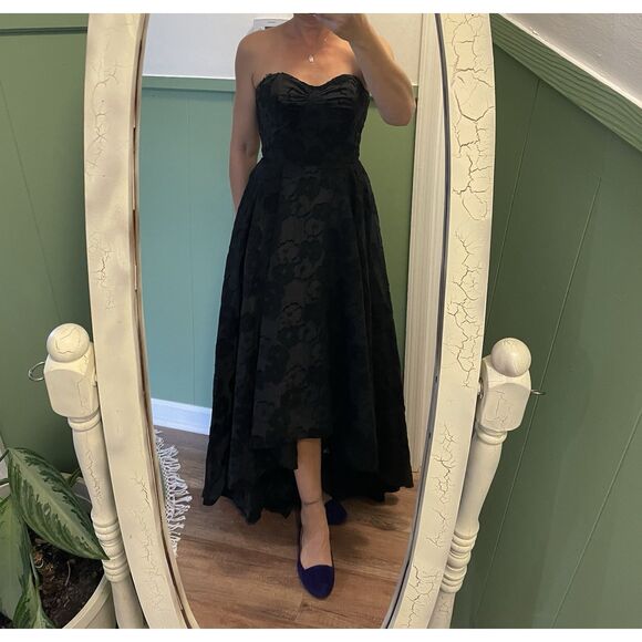 Shoshanna Midnight Black Strapless High Low Gown Satin Velvet Floral XS /S - Picture 1 of 10